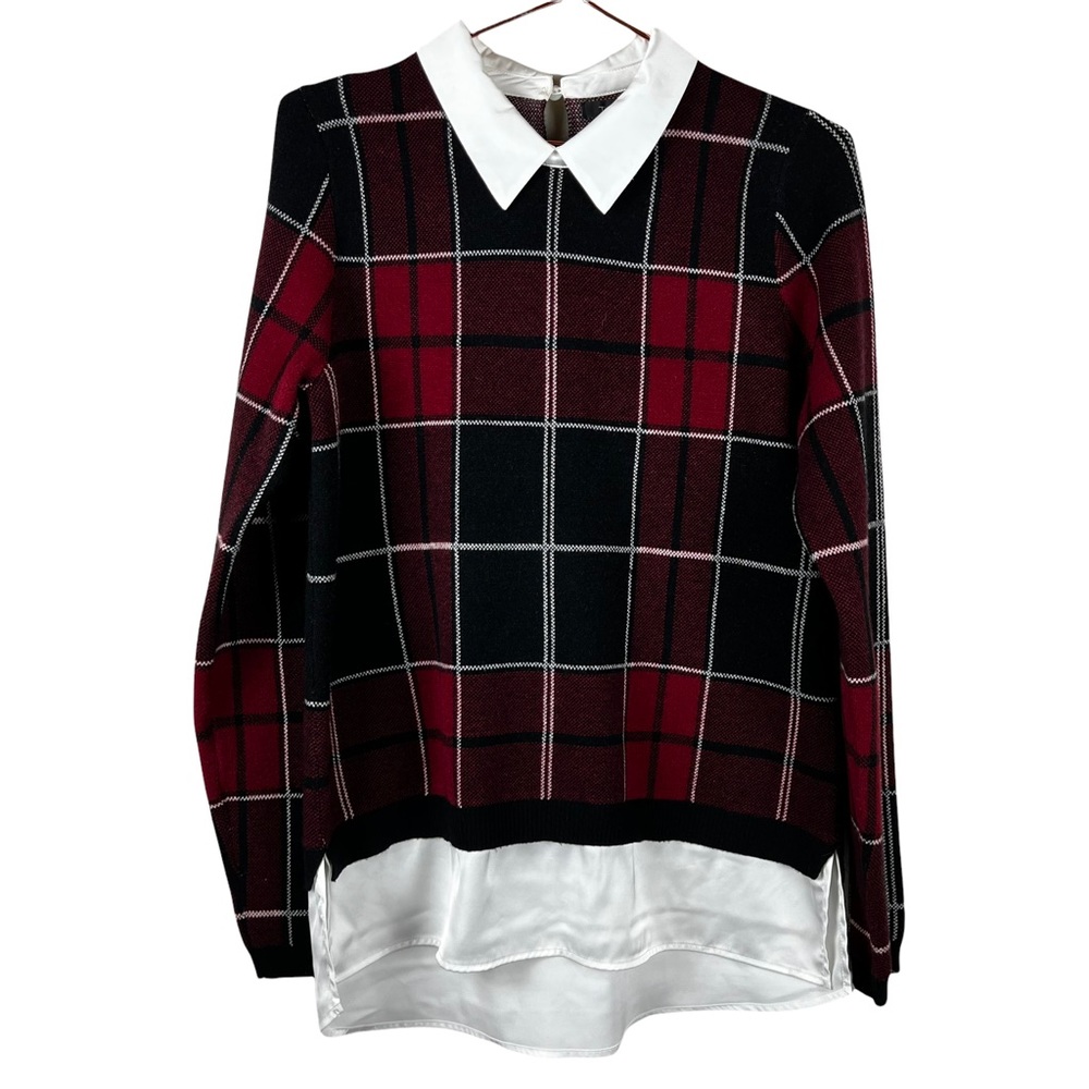 TAHARI Red, Black White Plaid Collared Sweater Size Medium